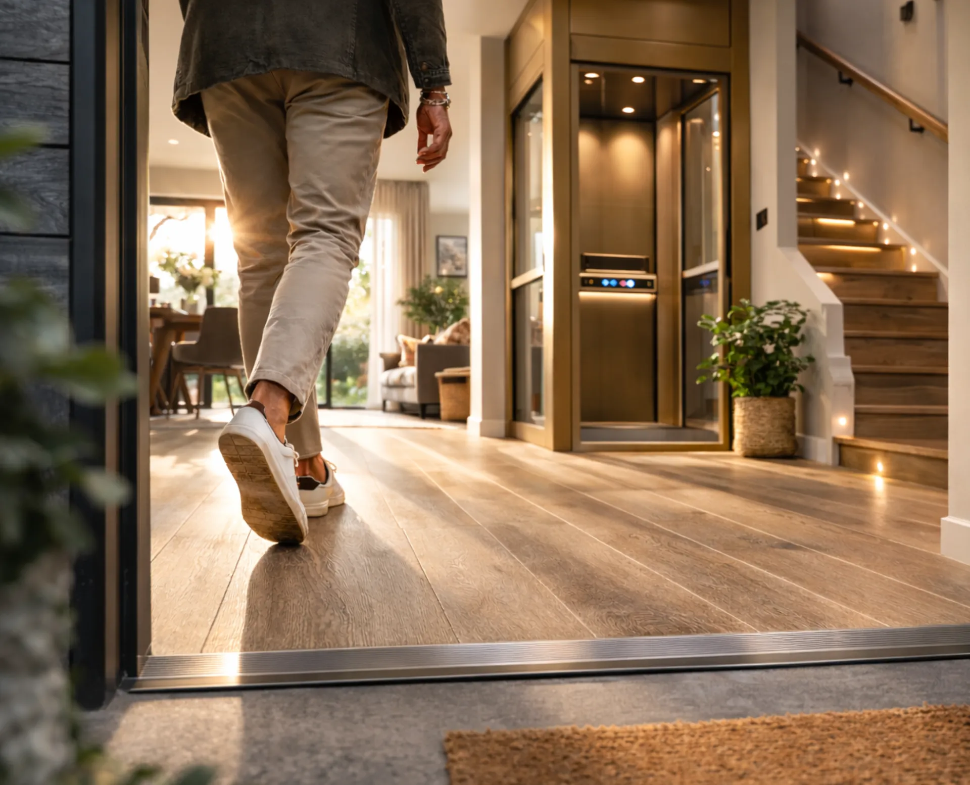 Stepping through a level threshold entrance into a hallway with a home lift and lit staircase