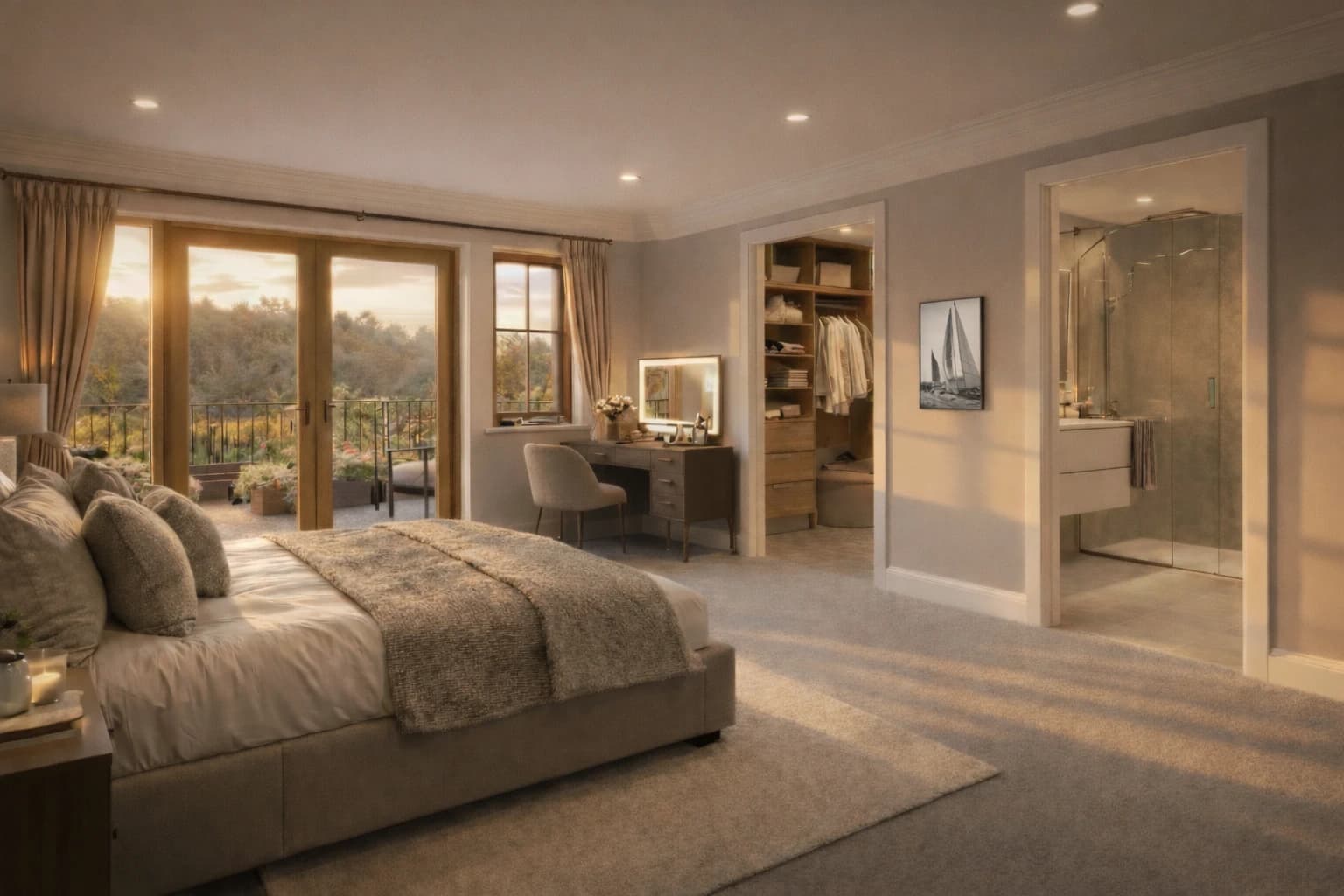 Spacious bedroom suite with walk-in wardrobe, dressing area and garden views at sunset